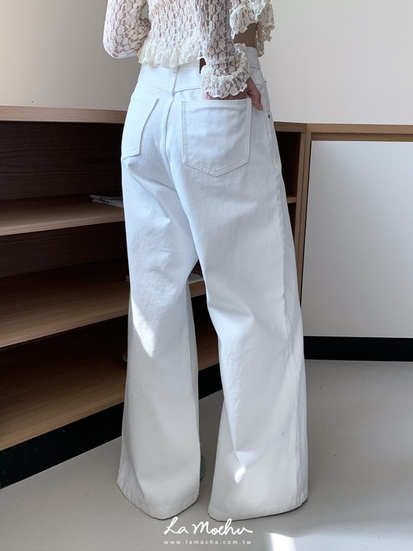 全白高腰牛仔寬褲